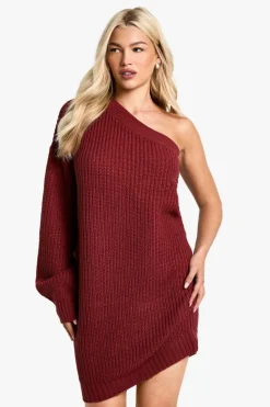 Jumper Dresses|Jumper Dresses*boohoo Knitted One Shoulder Mini Dress berry