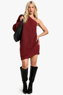 Jumper Dresses|Jumper Dresses*boohoo Knitted One Shoulder Mini Dress berry