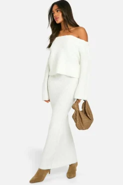Knitted Co-Ords|Bottoms*boohoo Knitted Oversized Bardot Jumper And Maxi Skirt Set off white