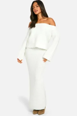 Knitted Co-Ords|Bottoms*boohoo Knitted Oversized Bardot Jumper And Maxi Skirt Set off white