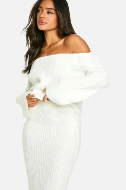 Knitted Co-Ords|Bottoms*boohoo Knitted Oversized Bardot Jumper And Maxi Skirt Set off white