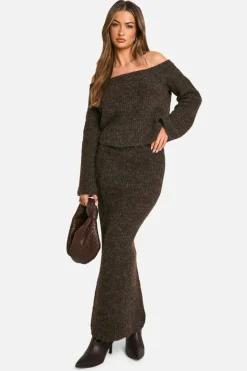 Knitted Co-Ords|Skirts*boohoo Knitted Oversized Bardot Jumper And Maxi Skirt Set chocolate