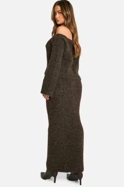 Knitted Co-Ords|Skirts*boohoo Knitted Oversized Bardot Jumper And Maxi Skirt Set chocolate