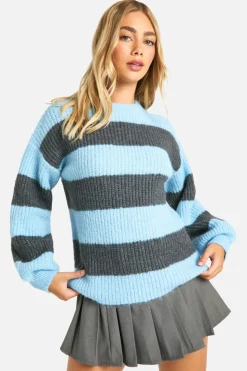 Oversized Jumpers|Jumpers*boohoo Knitted Oversized Crew Neck Stripe Jumper blue
