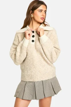 Oversized Jumpers|Jumpers*boohoo Knitted Oversized Rib Collar Button Up Jumper oatmeal