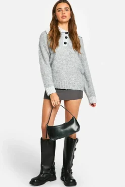 Oversized Jumpers|Jumpers*boohoo Knitted Oversized Rib Collar Button Up Jumper grey marl