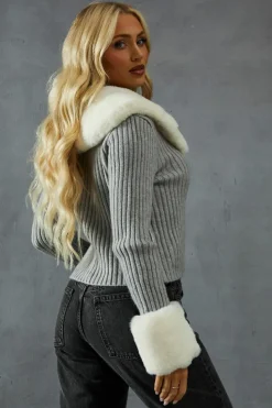 Cardigans*MissPap Knitted Rib Fur Trim Tie Detail Front Jumper grey