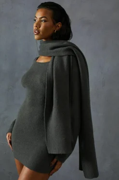 Jumper Dresses|Jumper Dresses*MissPap Knitted Slash Neck Scarf Detail Mini Dress charcoal