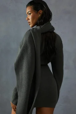 Jumper Dresses|Jumper Dresses*MissPap Knitted Slash Neck Scarf Detail Mini Dress charcoal