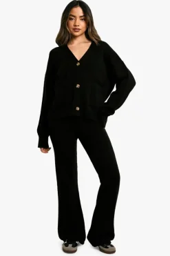 Knitted Co-Ords|Trousers*boohoo Knitted Slouchy Cardigan And Flare Trouser Co-Ord black