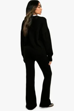 Knitted Co-Ords|Trousers*boohoo Knitted Slouchy Cardigan And Flare Trouser Co-Ord black