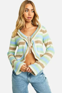 Cardigans*boohoo Knitted Striped Flare Sleeve Tie Front Cardigan brown