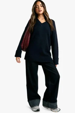 Oversized Jumpers|Jumpers*boohoo Knitted V Neck Oversized Slouchy Jumper navy