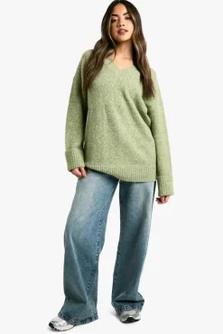 Oversized Jumpers|Jumpers*boohoo Knitted V Neck Oversized Slouchy Jumper olive