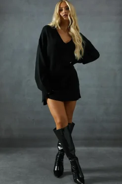 Jumper Dresses|Jumper Dresses*MissPap Knitted V Neck Ribbed Collar Split Side Mini Dress black