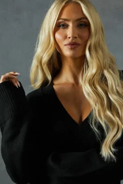 Jumper Dresses|Jumper Dresses*MissPap Knitted V Neck Ribbed Collar Split Side Mini Dress black