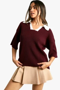 Knitted Tops*boohoo Knitted V Neck Ribbed Oversized Rugby Top burgundy
