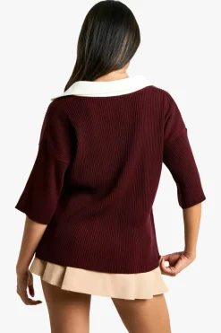 Knitted Tops*boohoo Knitted V Neck Ribbed Oversized Rugby Top burgundy
