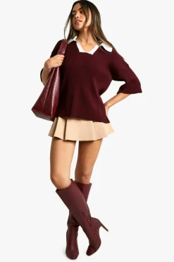 Knitted Tops*boohoo Knitted V Neck Ribbed Oversized Rugby Top burgundy