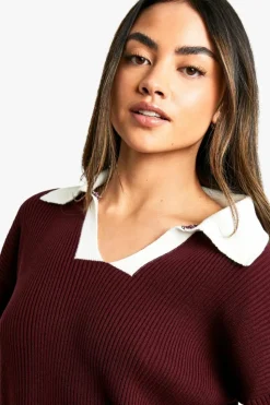 Knitted Tops*boohoo Knitted V Neck Ribbed Oversized Rugby Top burgundy