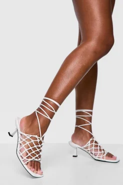 Heels*boohoo Knotted Caged Low Wrap Up Heels white