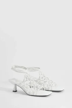 Heels*boohoo Knotted Caged Low Wrap Up Heels white