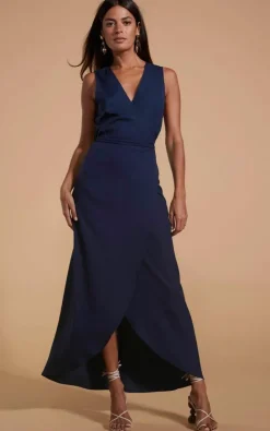 Wrap Dresses*Dancing Leopard Kyla Wrap Front Midi Dress Casual Sleeveless Tie Waist V-Neck Outfit Navy