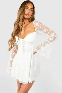 Skater Dresses|Mini Dresses*boohoo Lace Baby Doll Flare Sleeve Mini Dress white