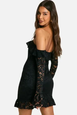 Bodycon Dresses*boohoo Lace Bardot Flare Sleeve Mini Dress black