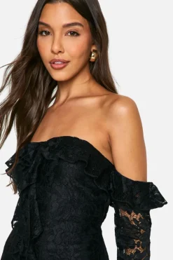 Bodycon Dresses*boohoo Lace Bardot Flare Sleeve Mini Dress black