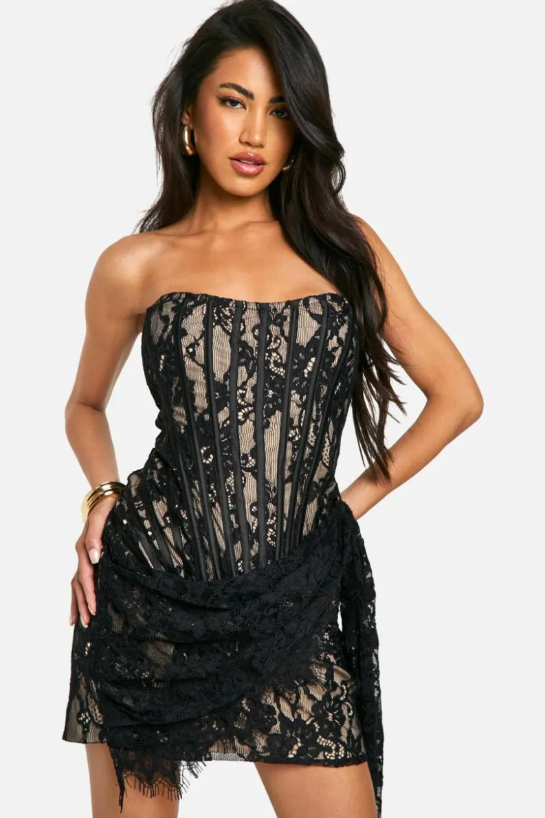 Mini Dresses*boohoo Lace Corset Drape Mini Dress black