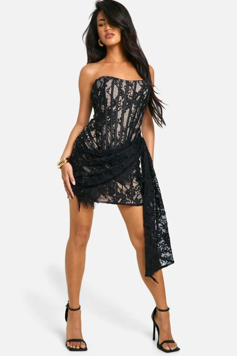 Mini Dresses*boohoo Lace Corset Drape Mini Dress black
