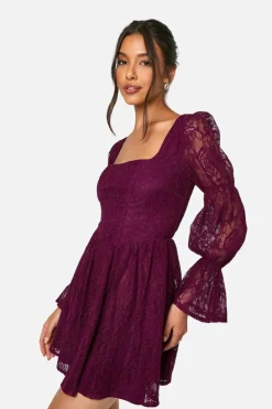 Skater Dresses*boohoo Lace Corset Puff Sleeve Skater Dress plum