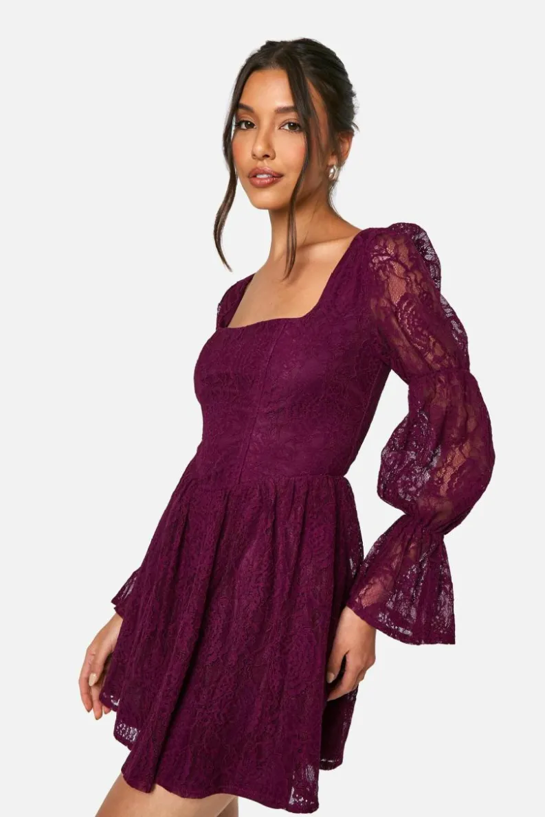 Skater Dresses*boohoo Lace Corset Puff Sleeve Skater Dress plum
