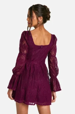 Skater Dresses*boohoo Lace Corset Puff Sleeve Skater Dress plum