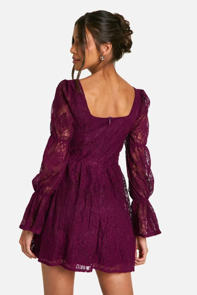 Skater Dresses*boohoo Lace Corset Puff Sleeve Skater Dress plum