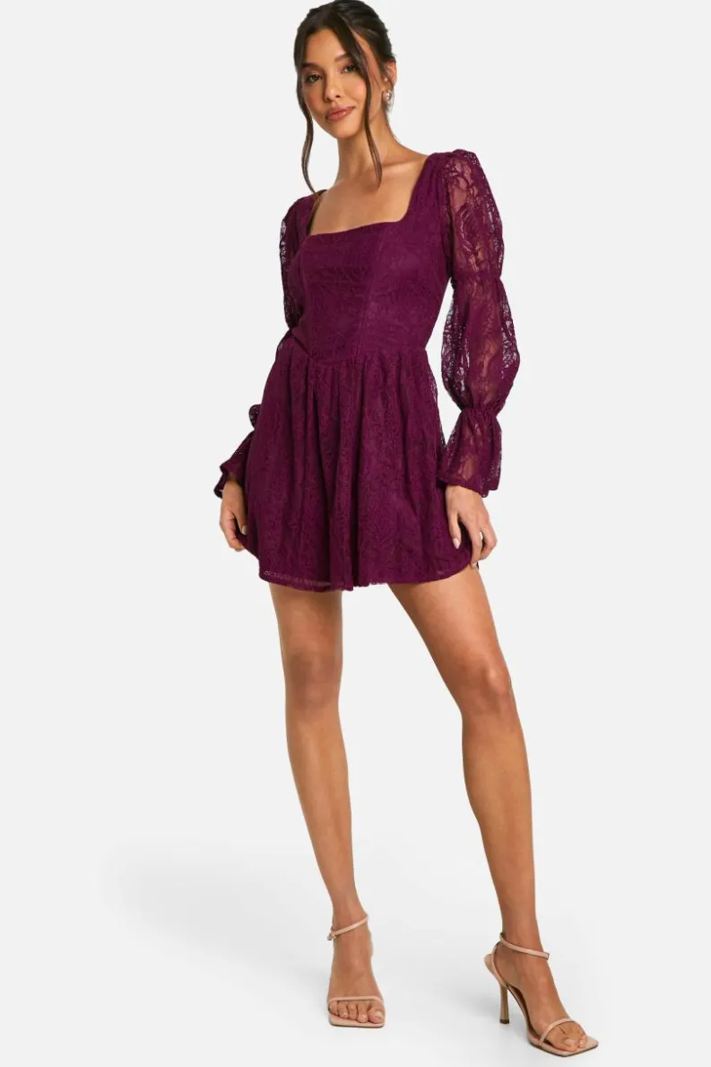 Skater Dresses*boohoo Lace Corset Puff Sleeve Skater Dress plum