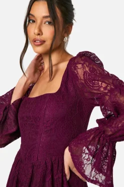 Skater Dresses*boohoo Lace Corset Puff Sleeve Skater Dress plum