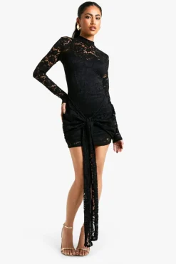 Mini Dresses|Long Sleeve Dresses*boohoo Lace Detail Long Sleeve Tie Front Lined Mini Dress black