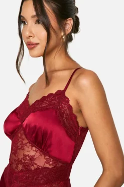Cami Dresses*boohoo Lace Detail Satin Maxi Dress burgundy