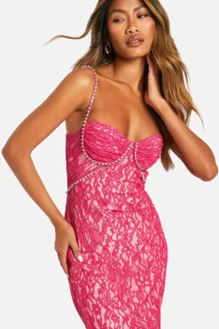 Midi Dresses*boohoo Lace Diamante Trim Midi Dress hot pink