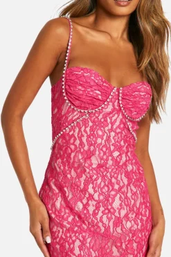 Midi Dresses*boohoo Lace Diamante Trim Midi Dress hot pink