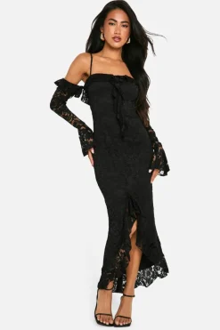 Bodycon Dresses*boohoo Lace Ruffle Bardot Flare Sleeve Midaxi Dress black