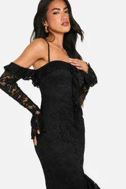 Bodycon Dresses*boohoo Lace Ruffle Bardot Flare Sleeve Midaxi Dress black