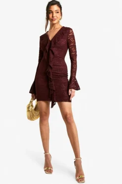 Mini Dresses*boohoo Lace Ruffle Flare Sleeve Mini Dress plum