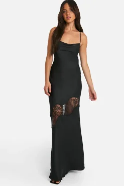 Cami Dresses*boohoo Lace Satin Tie Back Maxi Dress black