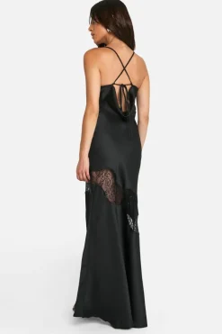Cami Dresses*boohoo Lace Satin Tie Back Maxi Dress black