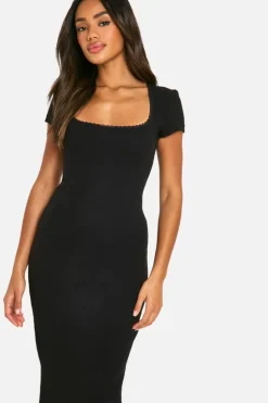 Bodycon Dresses*boohoo Lace Trim Rib Maxi Dress black