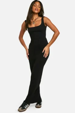Bodycon Dresses*boohoo Lace Trim Rib Square Neck Maxi Dress black