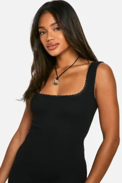 Bodycon Dresses*boohoo Lace Trim Rib Square Neck Maxi Dress black